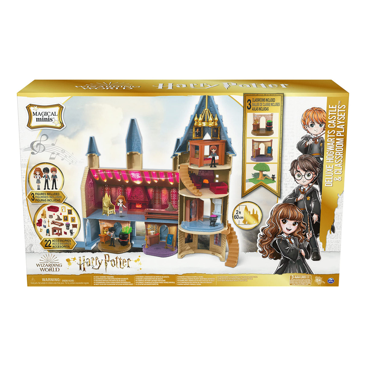 Wizarding World, Magical Minis Deluxe Hogwarts Castle exclusivo de Amazon con 3 escenarios de clase, 22 accesorios, 3 figuras, luces y sonidos