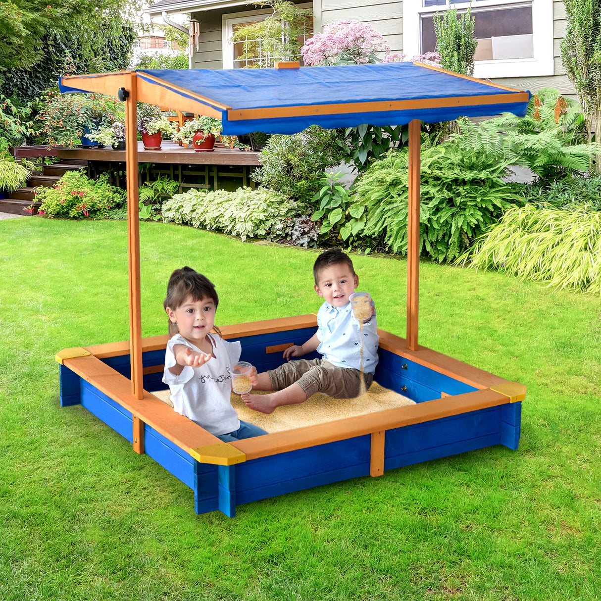 Teamson Kids Arenero Grande de Madera para Exteriores con Tapa, Toldo Giratorio y Altura Ajustable, Juguete de Arena de Jardín con Cubierta para Niños y Niñas