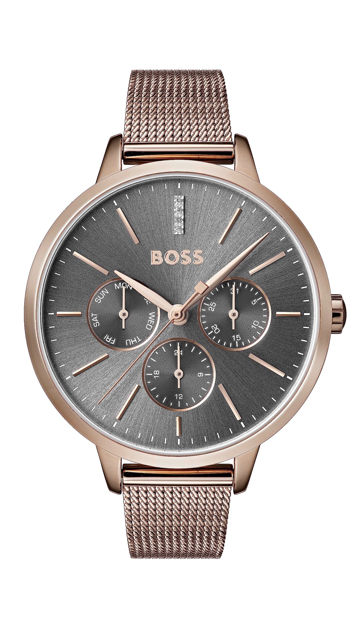 BOSS Reloj Analógico de Cuarzo Multifunción para Mujer Colección Symphony con Correa de Malla de Acero Inoxidable de Oro Rosa - 1502424