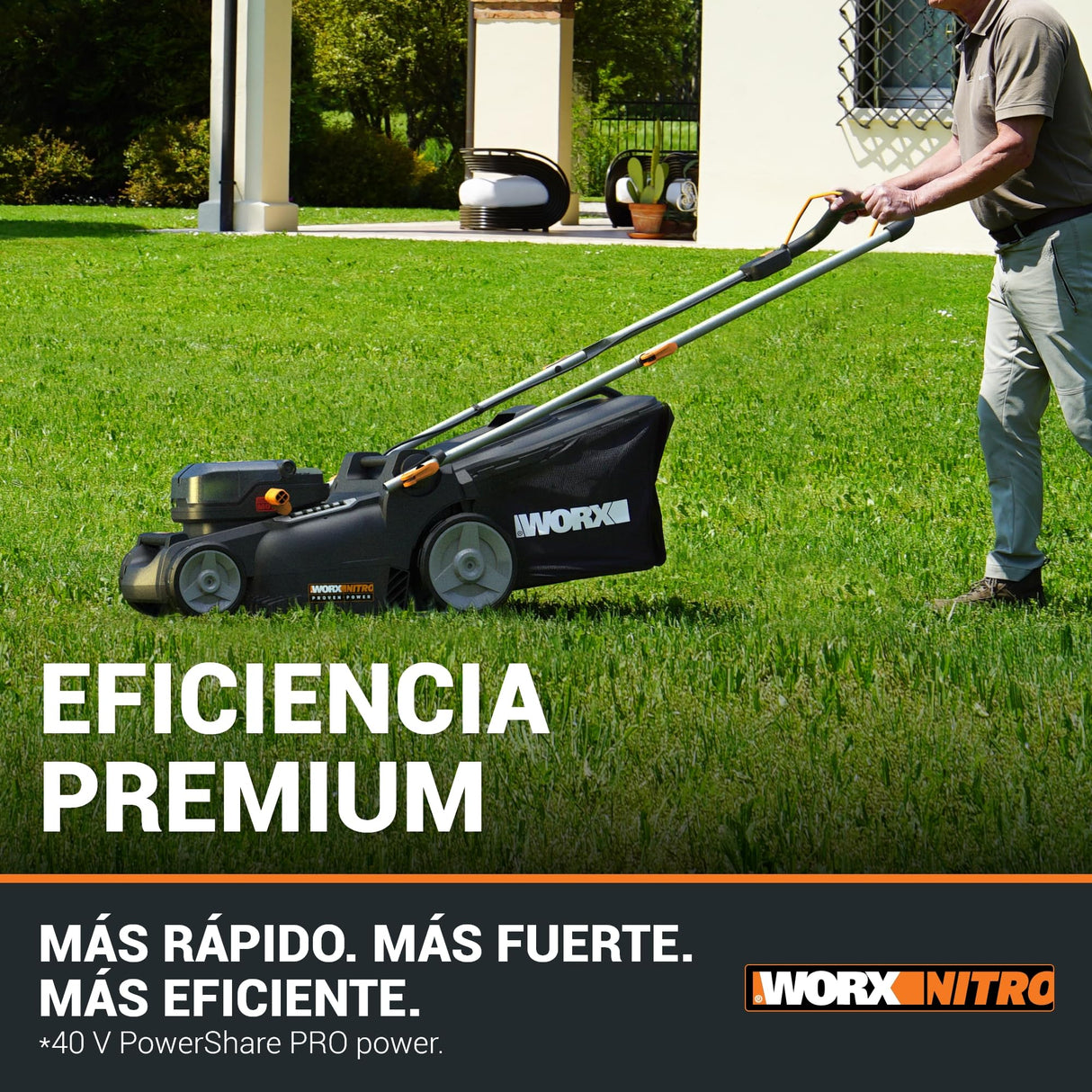WORX Cortacésped WG737E Nitro con batería de 40 V (2 x 20 V), Potente Motor sin escobillas, Ancho de Corte de 37 cm, 6 Niveles de Altura de Corte (20 – 70 mm), Saco recogedor de césped de 40 l,