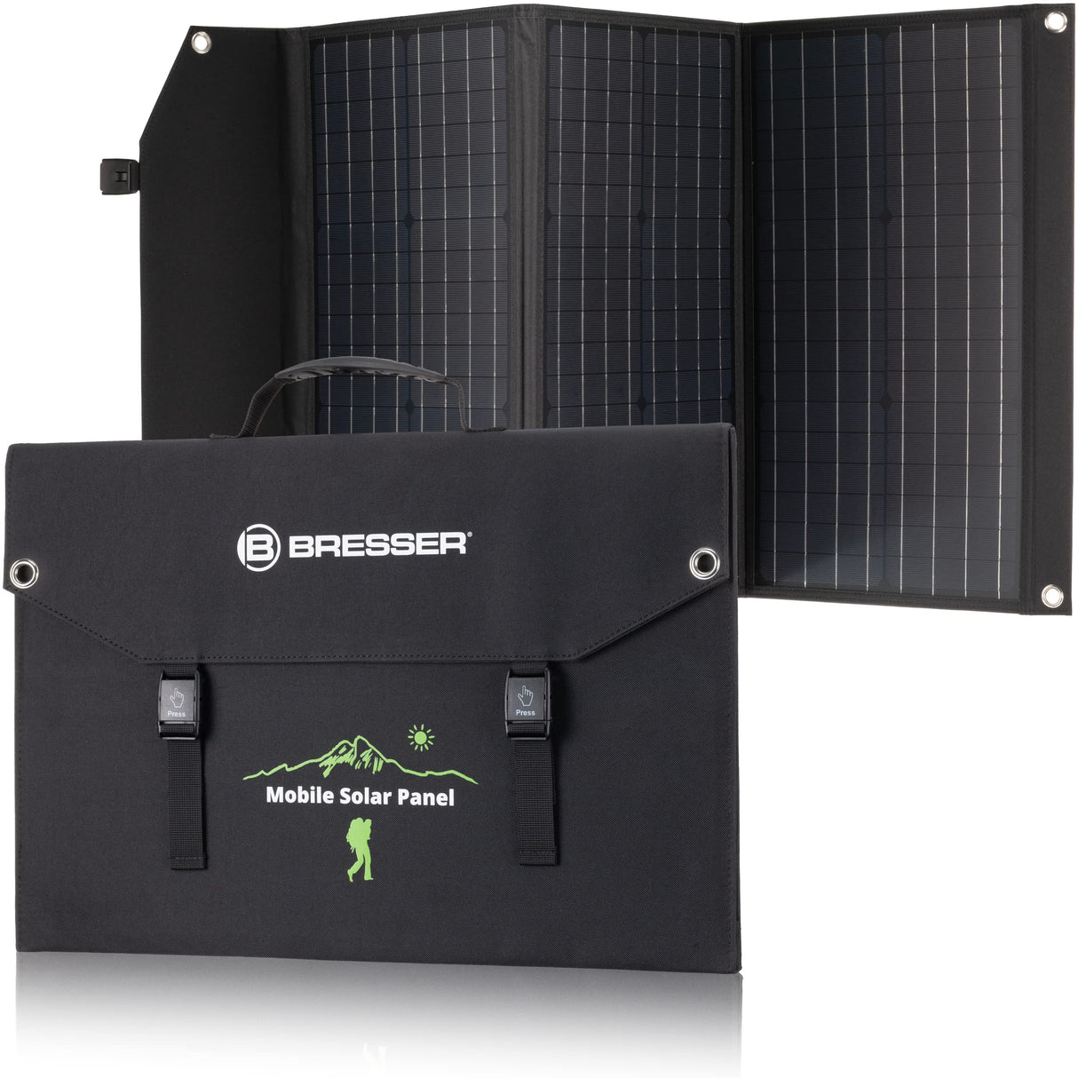 Bresser Cargador solar de 90 W con 1 CC y 3 puertos USB-A, incluye conector USB-A hembra con QC3.0 para carga rápida, panel solar como cargador para smartphones, estaciones de alimentación, etc.