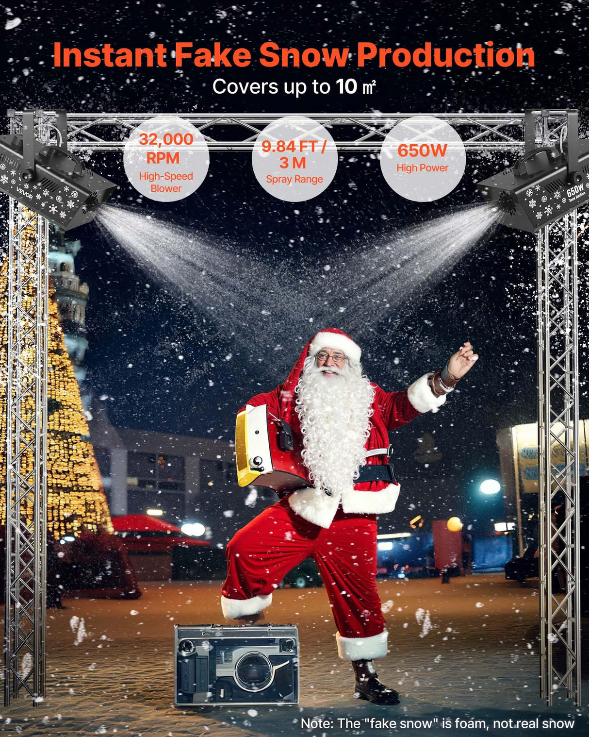 VEVOR Máquina de Nieve, Máquina Portátil de Copos de Nieve Colgante de 650 W con Asa Portátil para DJ, Fiestas Navideñas, Efectos de Escenario, Decoración de Bodas, para Exteriores e Interiores