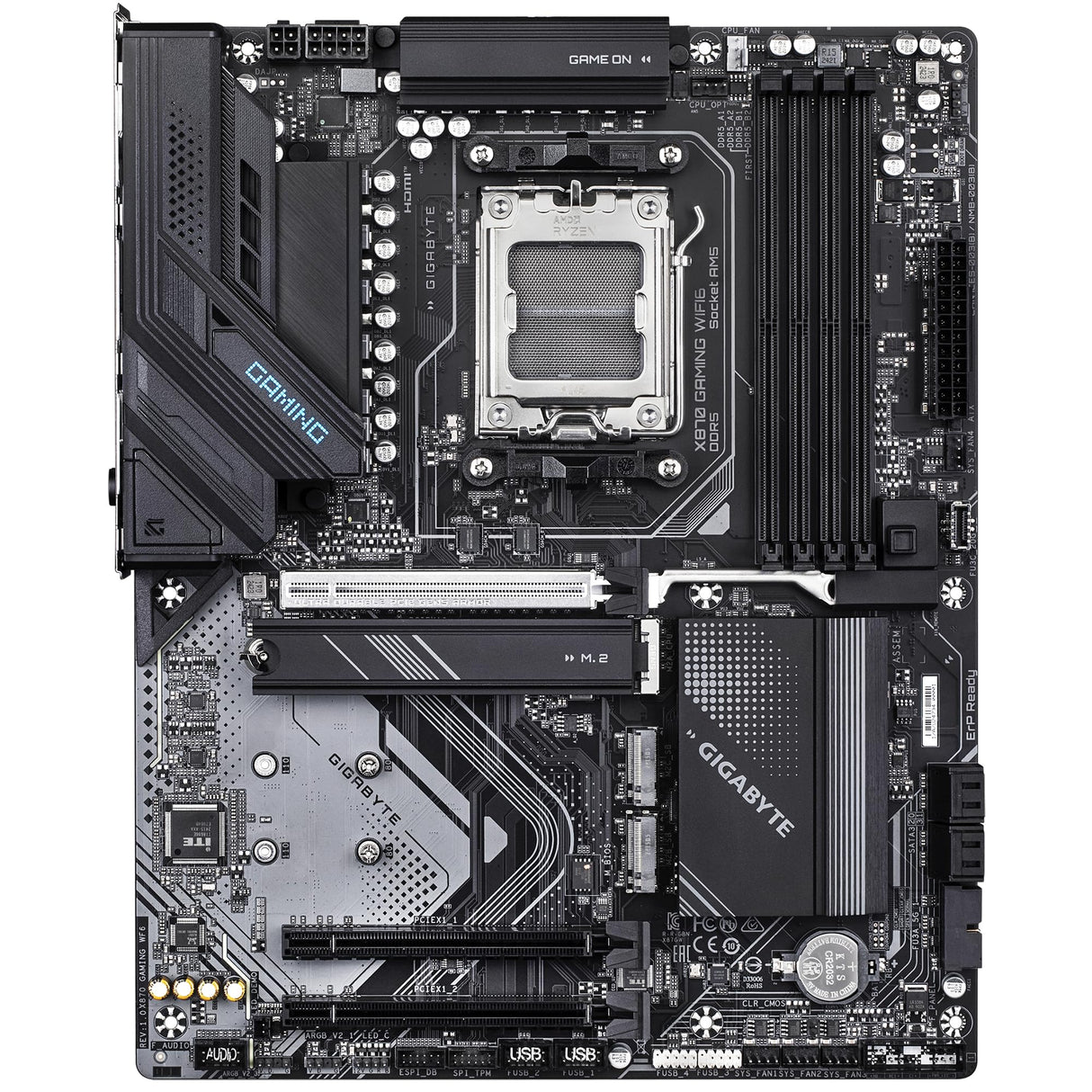 GIGABYTE X870 Gaming WIFI6 Placa Base - Compatible con CPUs AMD Ryzen 9000, VRM de 8+2+2 Fases, hasta 8000MHz DDR5 (OC), 1x PCIe 5.0, Wi-Fi 6, 2.5GbE LAN, USB 4