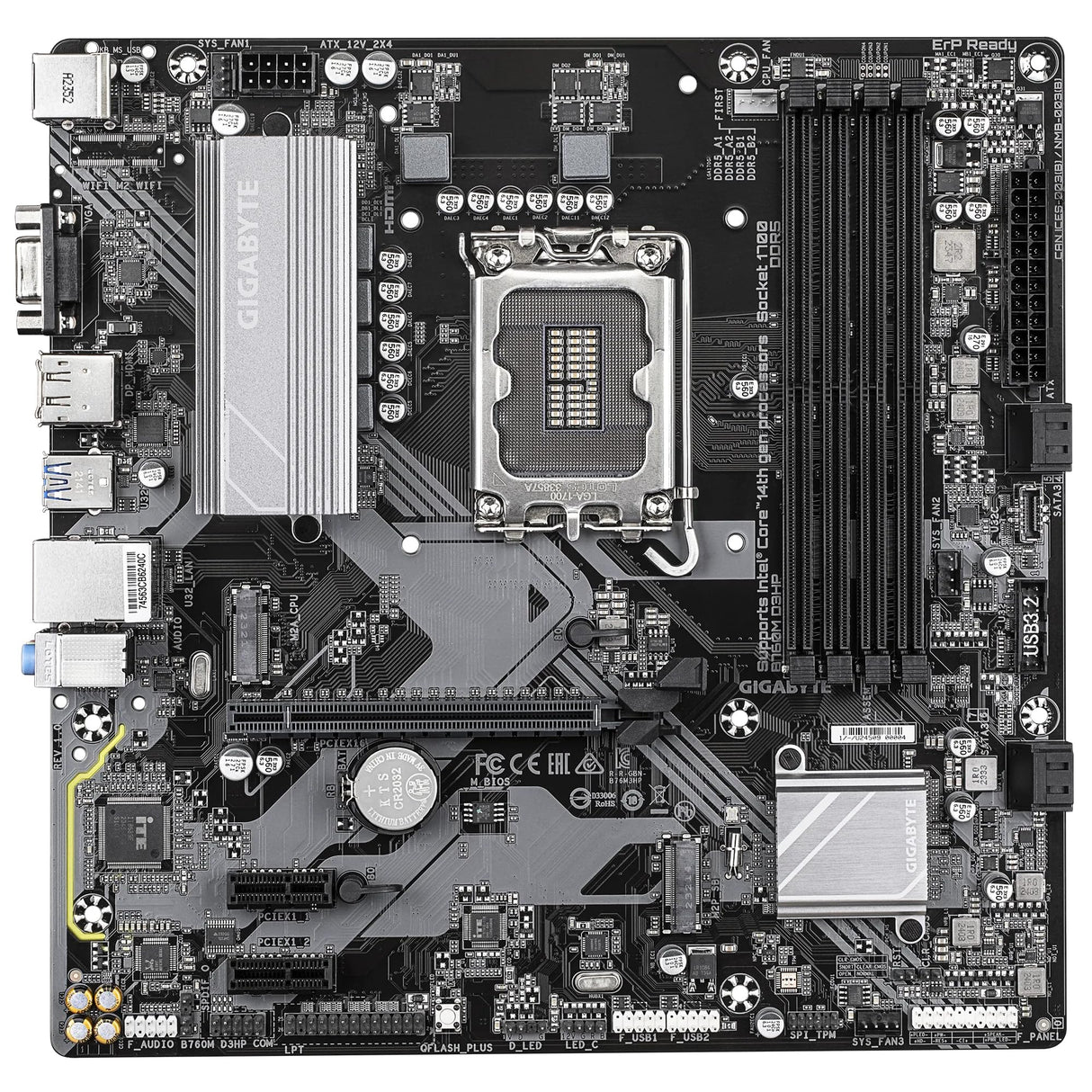 GIGABYTE B760M D3HP Placa Base - Procesadores Intel Core de 14ª Generación, VRM de 4+1+1 Fases, hasta 5600 MHz DDR5, 2xPCIe 4.0 M.2, LAN GbE, USB 3.2 Gen 1