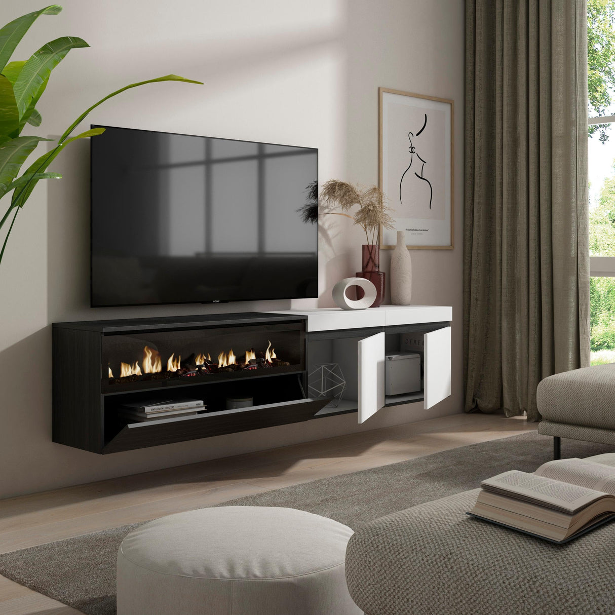 Skraut Home | Mueble TV | Televisión | Muebles de salón, almacenaje | 200x45x35cm | para TV hasta 80" | Chimenea eléctrica | Colgado, Suspendido | Estilo Moderno | Blanco y Negro