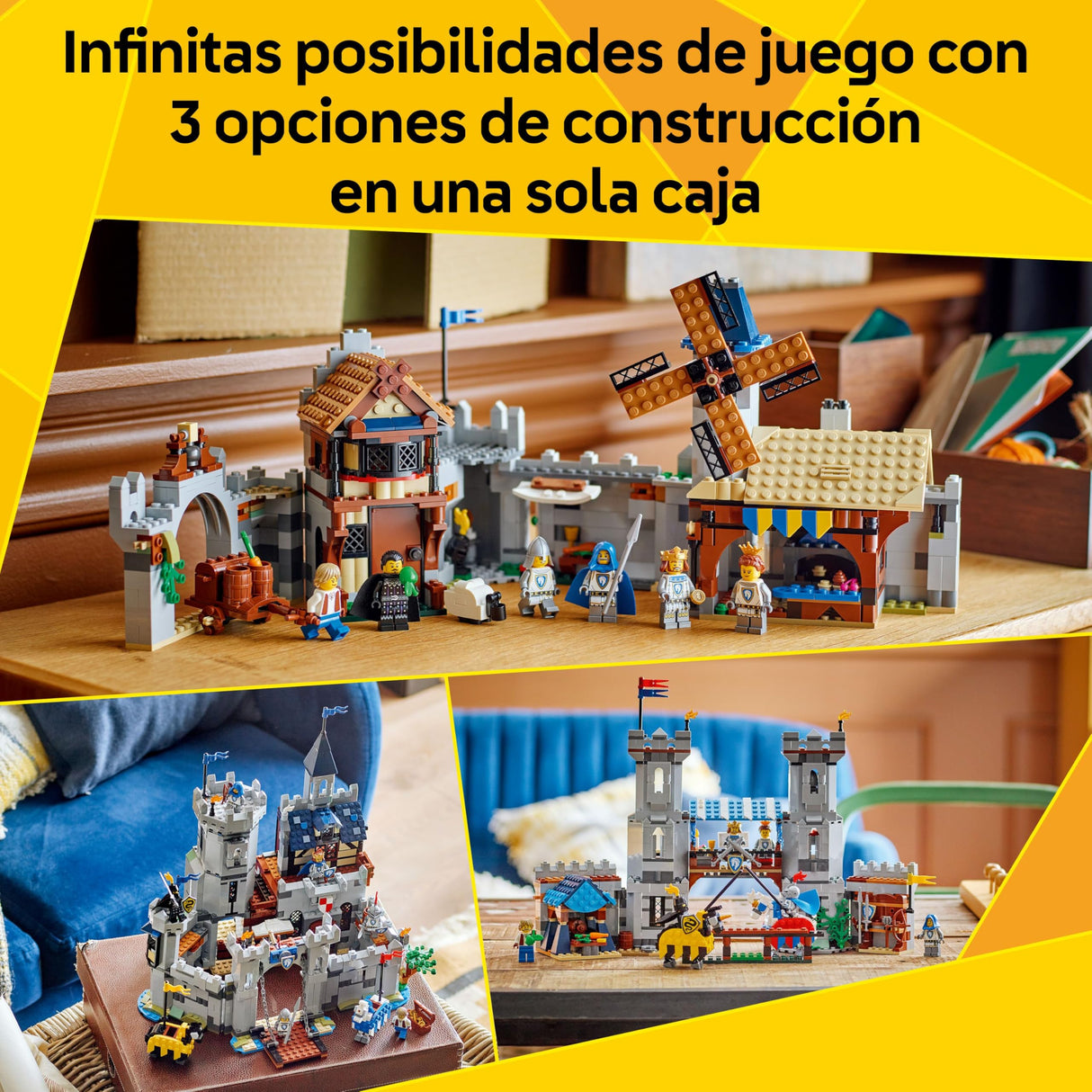 LEGO Creator 3 en 1 Castillo Medieval de los Caballeros del Corcel de Juguete - Transformable en Torneo de Justas o Aldea - 6 Minifiguras y Caballos - Regalo para Niños y Niñas de 9+ Años - 31168