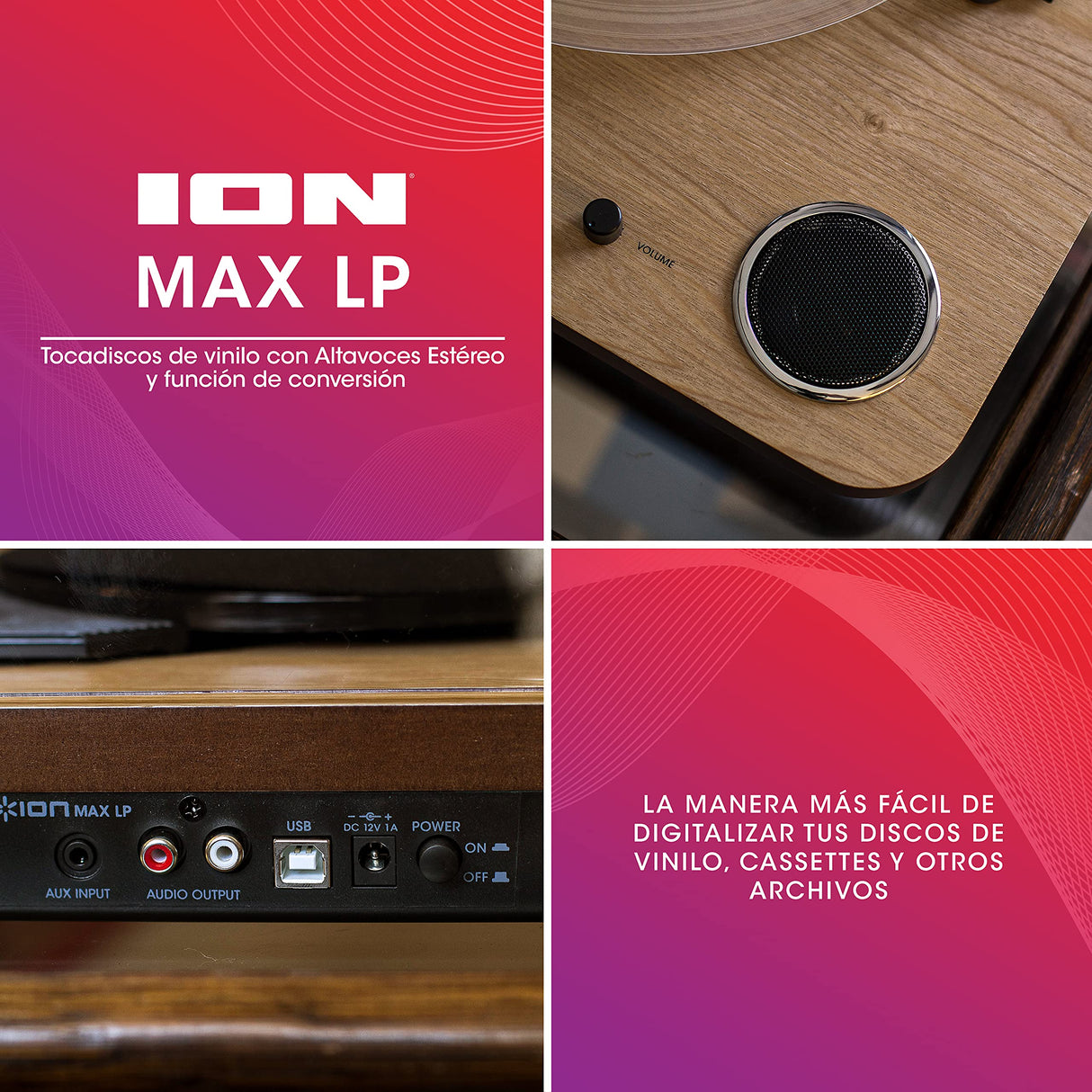 ION Audio Max LP - Reproductor de discos de vinilo Bluetooth con altavoces integrados y USB, color madera