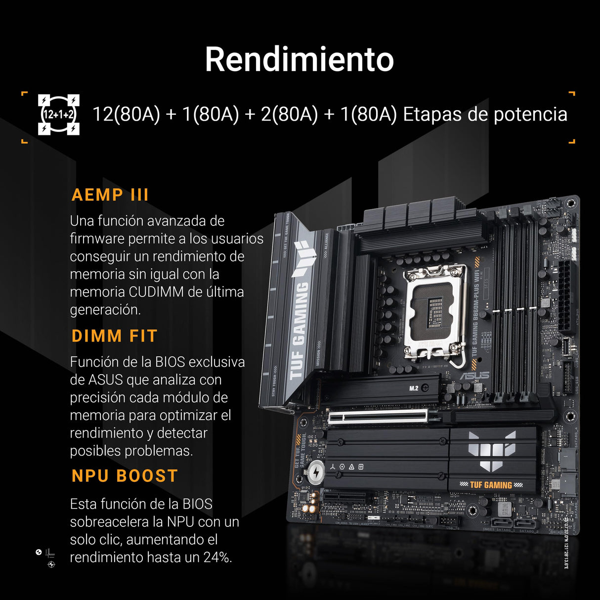 ASUS TUF Gaming B860M-PLUS WiFi, Placa Base Intel mATX, 12+1+2+1 80A etapas de alimentación DrMOS, DDR5, PCIe 5.0, 3 Ranuras M.2, Wi-Fi 7, Realtek 2.5Gb Ethernet, DisplayPort, HDMI, USB 20Gbps Tipo-C