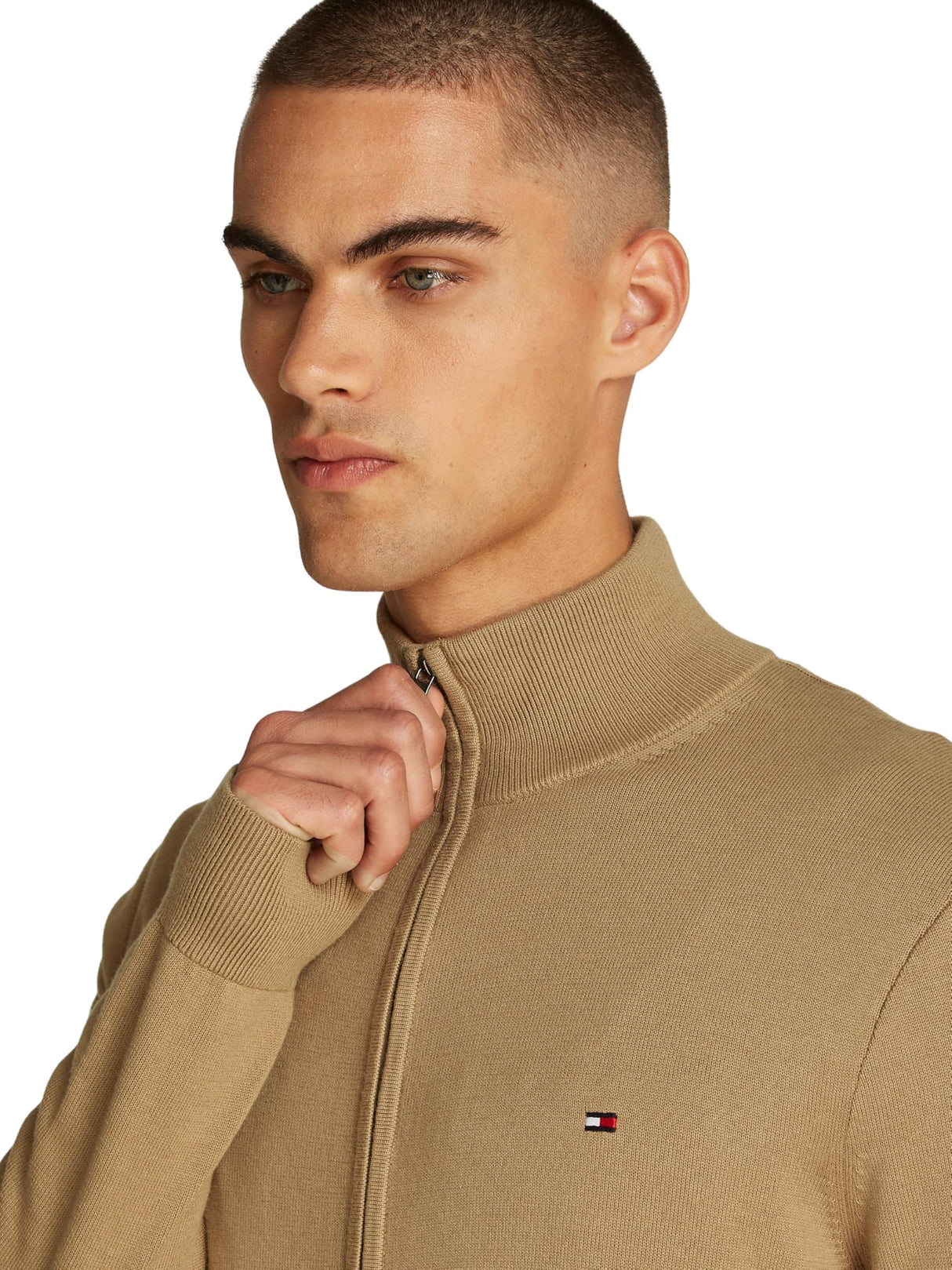 Tommy Hilfiger Jersey con Cremallera Hombre Essential Cotton Zip Thru con Cuello Alto, Beige (Safari Canvas), 3XL