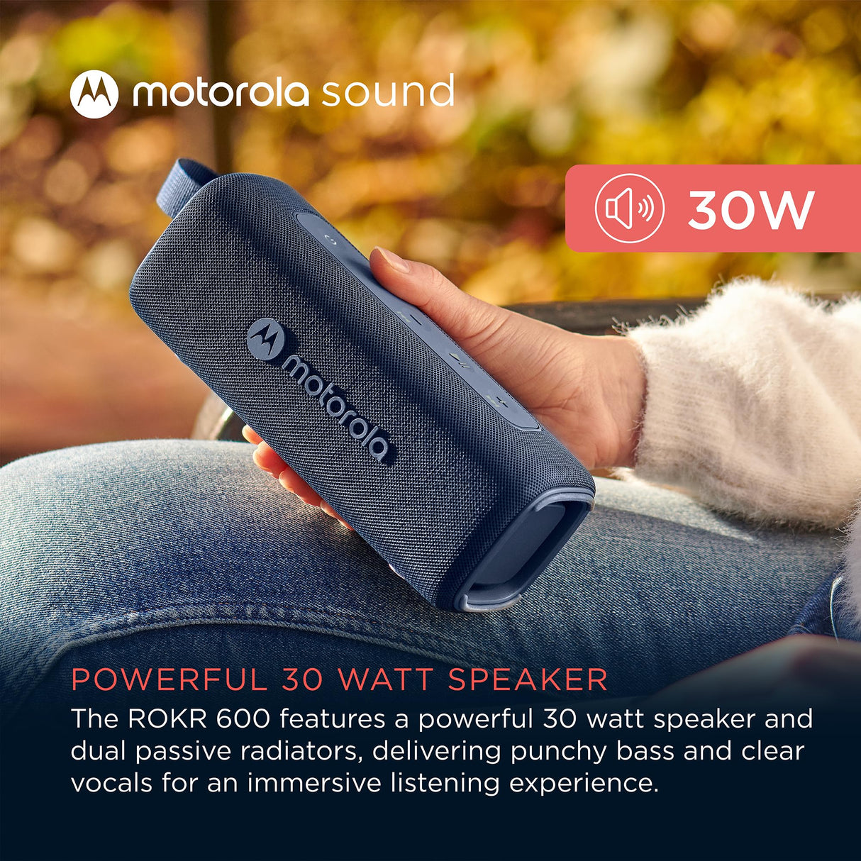 Motorola Sound - Altavoz Inalámbrico Bluetooth ROKR 600 - Potente Sonido de 30W, Resistente al Agua y Polvo, Función Broadcast para Conectar 20+ Altavoces, 6 Horas de Reproducción, Azul
