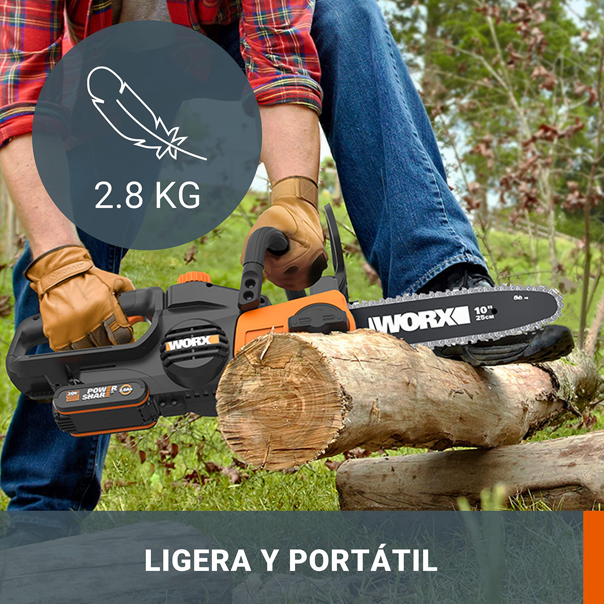 WORX WG322E.1 Sierra de cadena con batería (20 V, Práctica sierra para madera, Para uso en el jardín y trabajos de construcción con tensión de cadena automática), 25 cm de longitud de corte