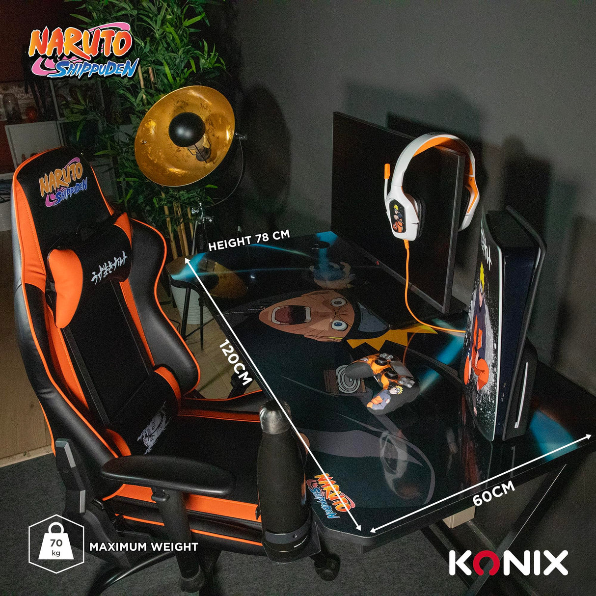 Konix Naruto Shippuden Escritorio Gaming 121 x 69 x 76 cm en Forma de Y - Mesa de Madera y Metal - Portavasos - Soporte para Auriculares - Motivo Naruto Rasengan
