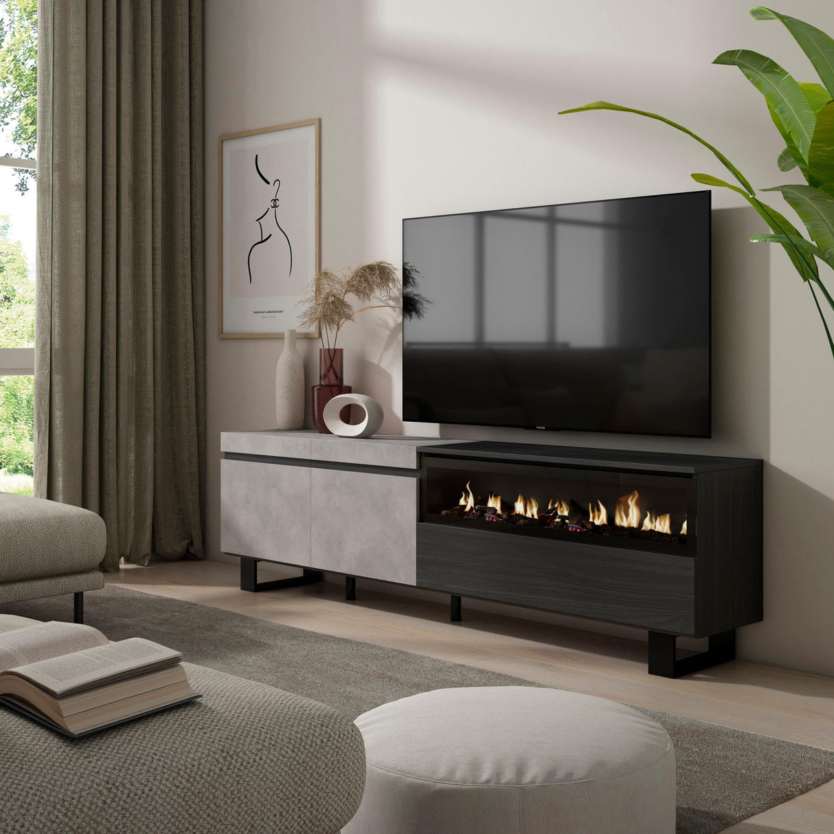 Skraut Home | Mueble TV | Televisión | Muebles de salón, almacenaje | 200x57x35cm | para TV hasta 80" | Chimenea eléctrica | Diseño Industrial | Estilo Moderno | Cemento