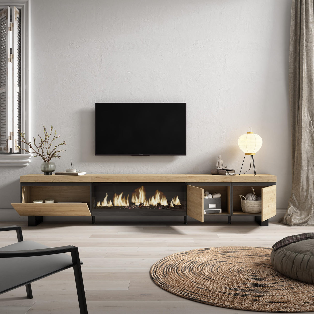 Skraut Home | Mueble TV | Televisión | Muebles de salón, almacenaje | 288x57x35 cm | para TV Gran Formato | Chimenea eléctrica XXL | Diseño Industrial | Estilo Moderno | Roble