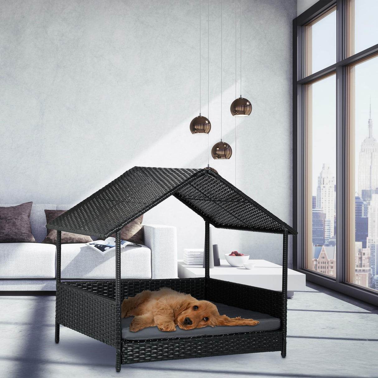 Relaxdays Cama Elevada para Perros con Techo, 81x90x68 cm, Poliratán, Tumbona para Mascotas con Cojín, Exterior, Gris