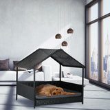 Relaxdays Cama Elevada para Perros con Techo, 81x90x68 cm, Poliratán, Tumbona para Mascotas con Cojín, Exterior, Gris