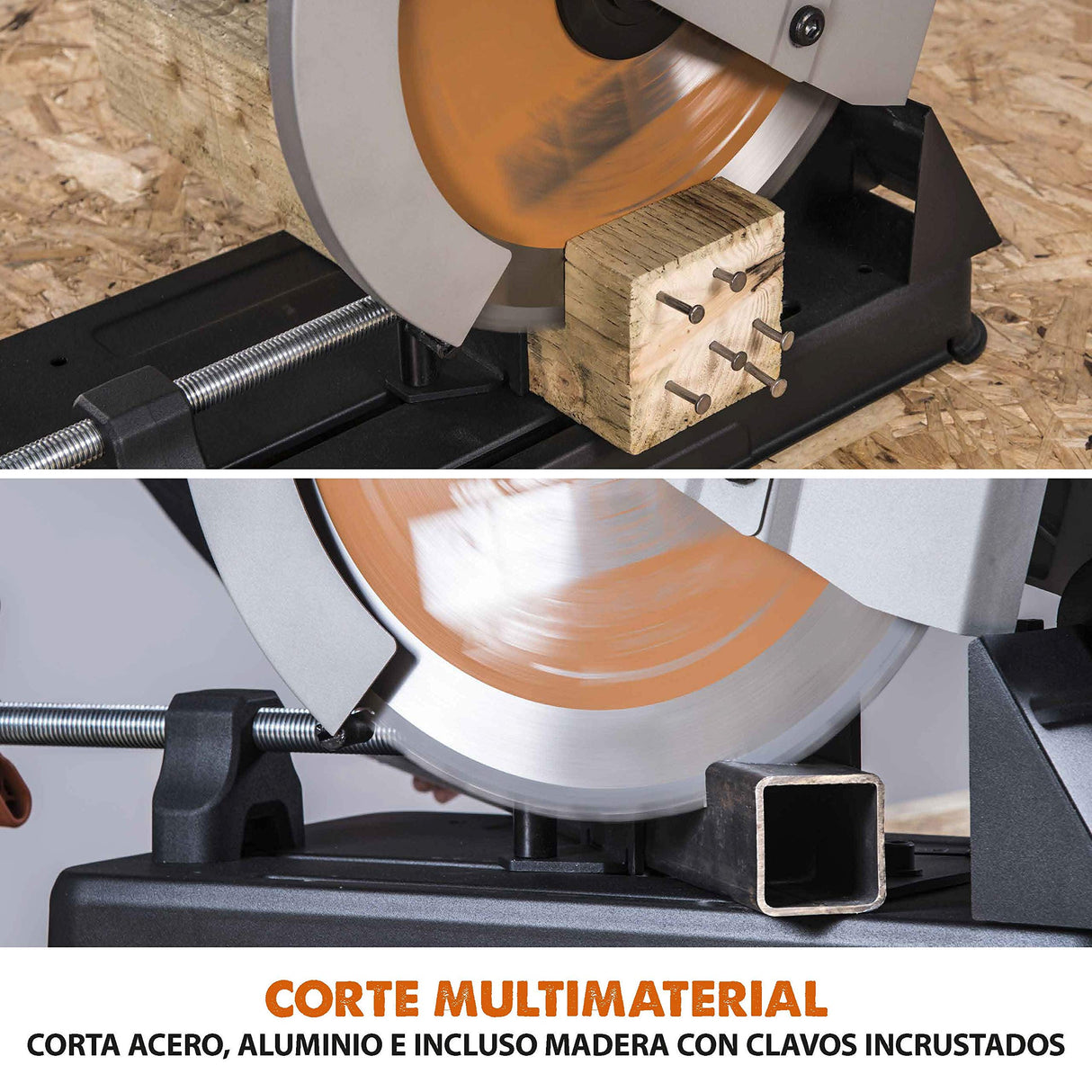 Evolution Power Tools - R355CPS Sierra tronzadora multimaterial, Corta acero dulce, aluminio, plástico, incluso madera con clavos incrustados, 355 mm