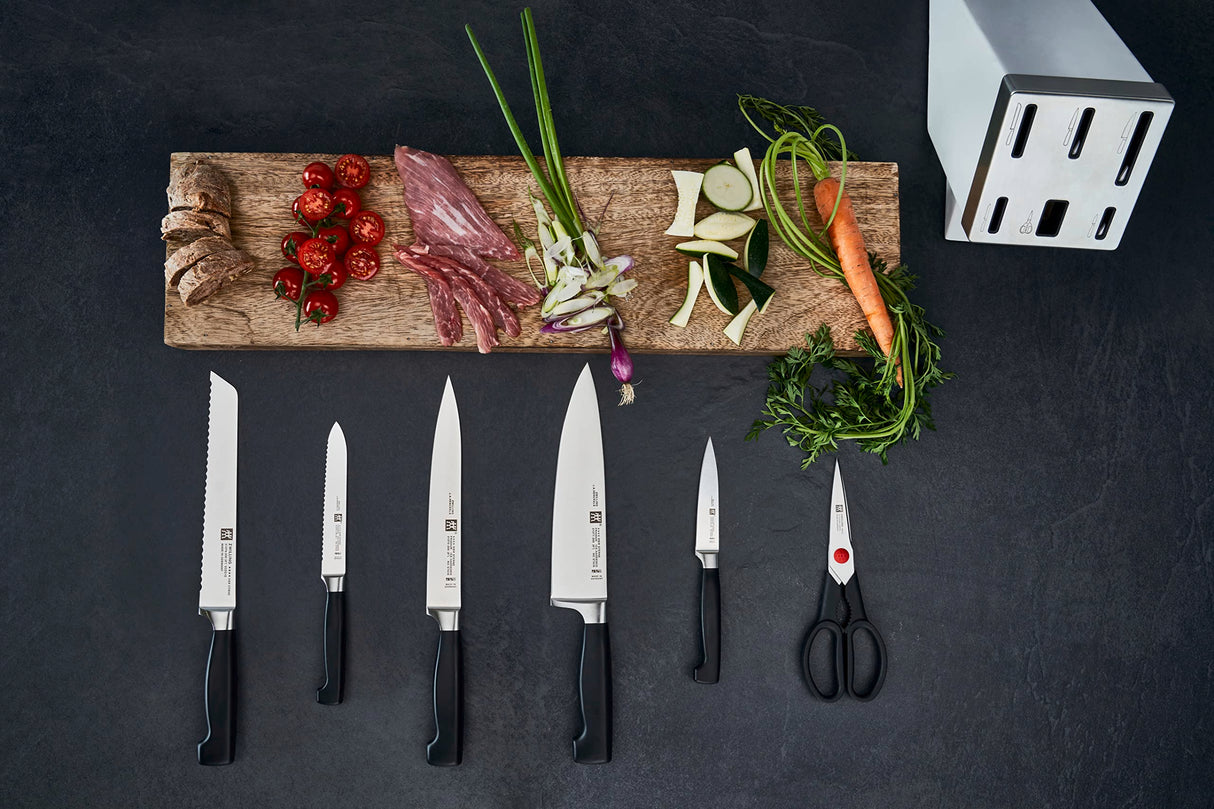 ZWILLING Bloque de cuchillos autoafilables de cuatro estrellas, 7 piezas, cuchillo y tijeras de acero inoxidable especial/mango de plástico, color blanco [fabricado en Alemania]