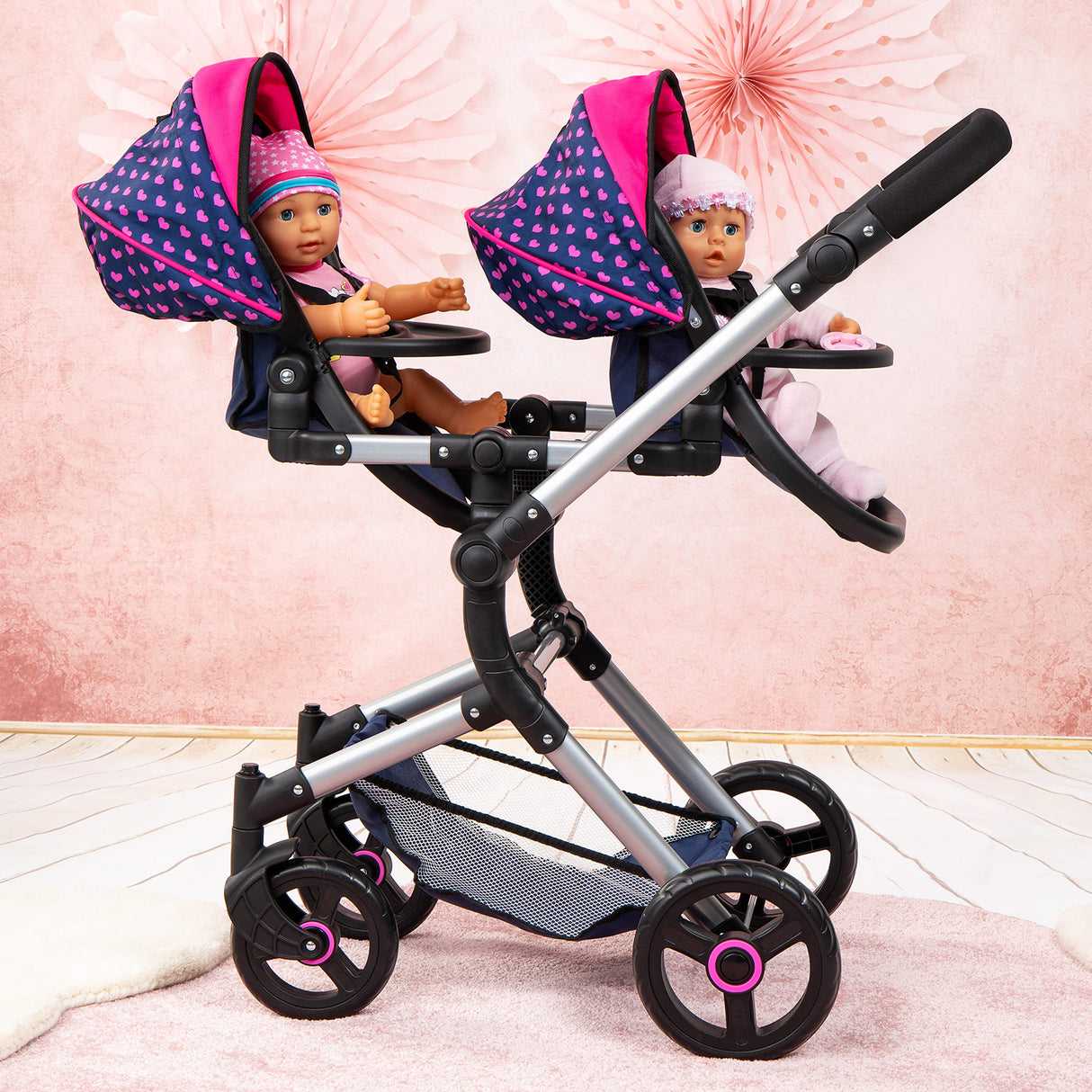 Bayer Design 26254AA Cochecito de Muñeca Gemelas, Carrito Paseo para muñecos, Ajustable en Altura, Plegable, con la Bolsa de Bandoler, Azul con Unicornio y Corazones