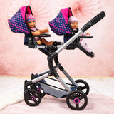 Bayer Design 26254AA Cochecito de Muñeca Gemelas, Carrito Paseo para muñecos, Ajustable en Altura, Plegable, con la Bolsa de Bandoler, Azul con Unicornio y Corazones