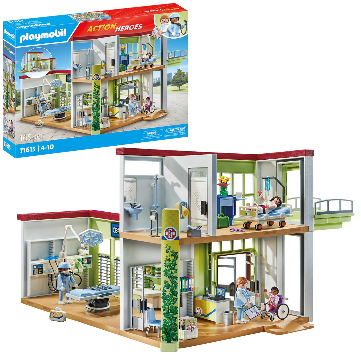 PLAYMOBIL Action Heroes 71615 Hospital Moderno, con Cuatro Figuras y Equipo médico, Hecho de más del 80% de Materiales reciclados y de Base biológica, Juguetes para niños y niñas a Partir de 4 años