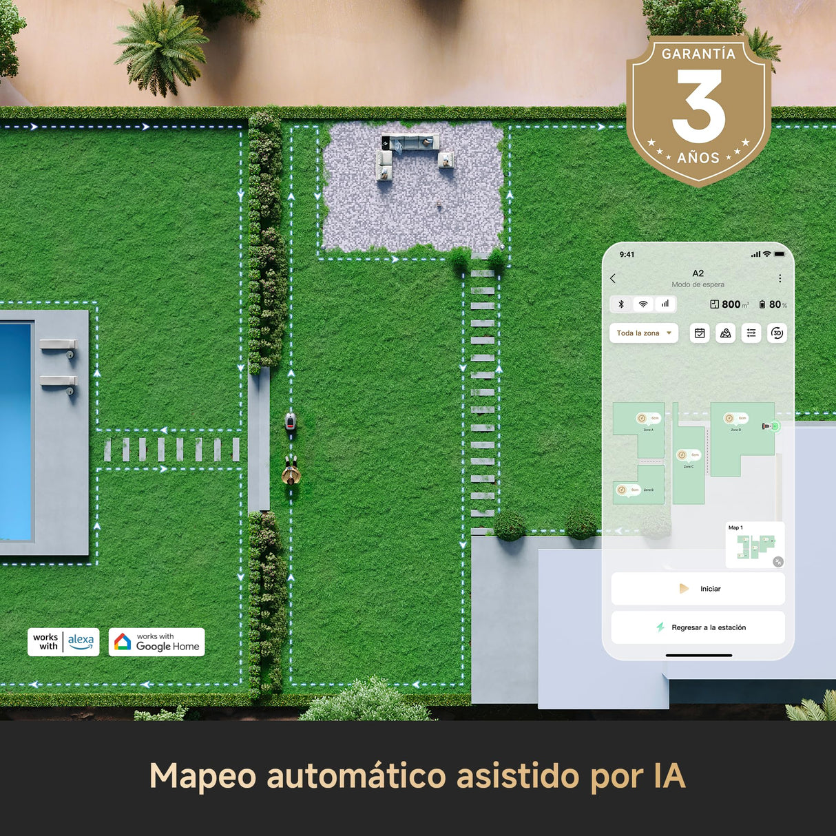 DREAME A2 Cortacésped Robótico, Evitación de Obstáculos por AI OmniSense 2.0, Configuración Automática de Límites, Mapeo de Doble Fusión, Sistema de Corte EdgeMaster, Para Pendientes de Hasta 26,5°