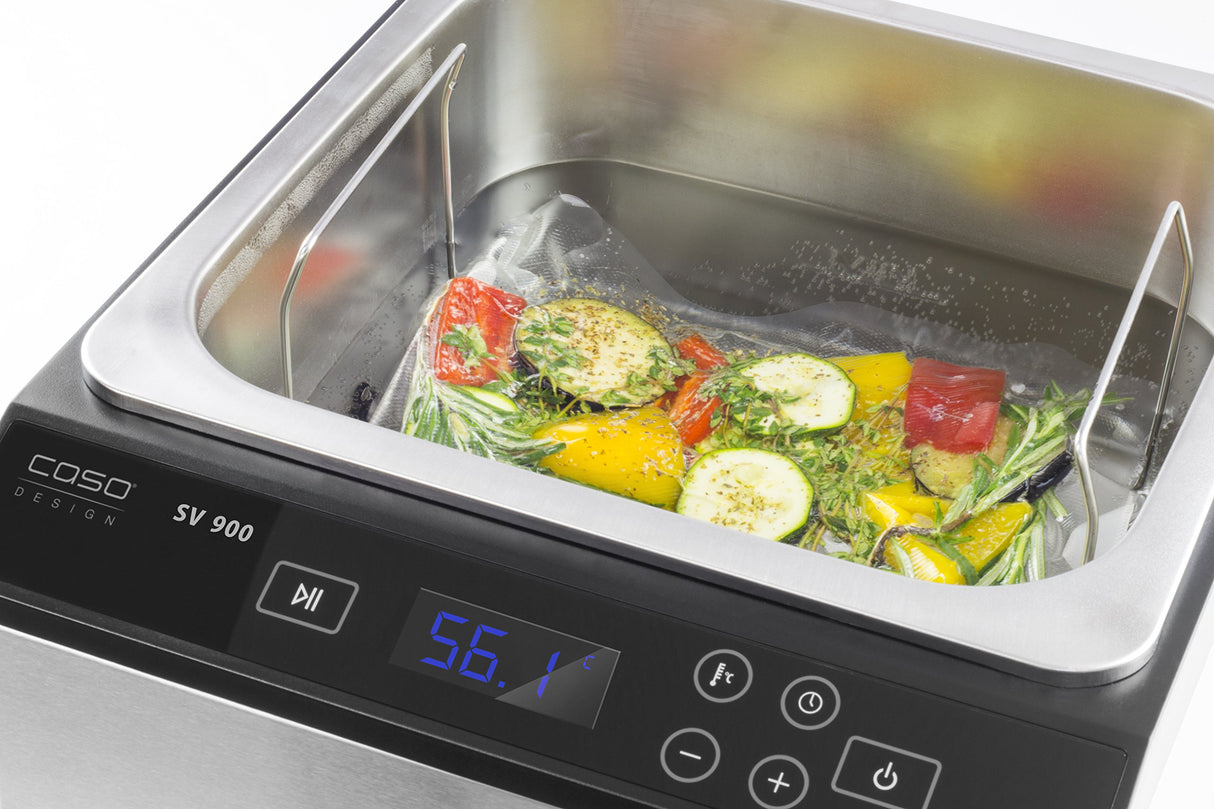 CASO SV 900 - Sous Vide roner cocina baja temperatura profesional para hasta 5 Sous Vide bolsas, 2000W, control preciso de 30 a 90 °C en incrementos de 0,1 °C, Con tecnología Caso FINETEMP, plateado