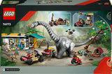 LEGO Jurassic World Misión de Seguimiento: Raptor y Titanosaurus - Dinosaurios de Juguete con 3 Minifiguras, Coche Todoterreno, Dron y Moto - Regalo para Niños y Niñas de 7+ Años 76973