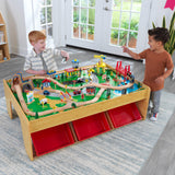 KidKraft Juego de Tren y Mesa de Madera Waterfall Mountain con Cajas de Almacenamiento, Circuito de ferroviarias con Coches, helicóptero y avión de Juguete niños 3+ años (17850)