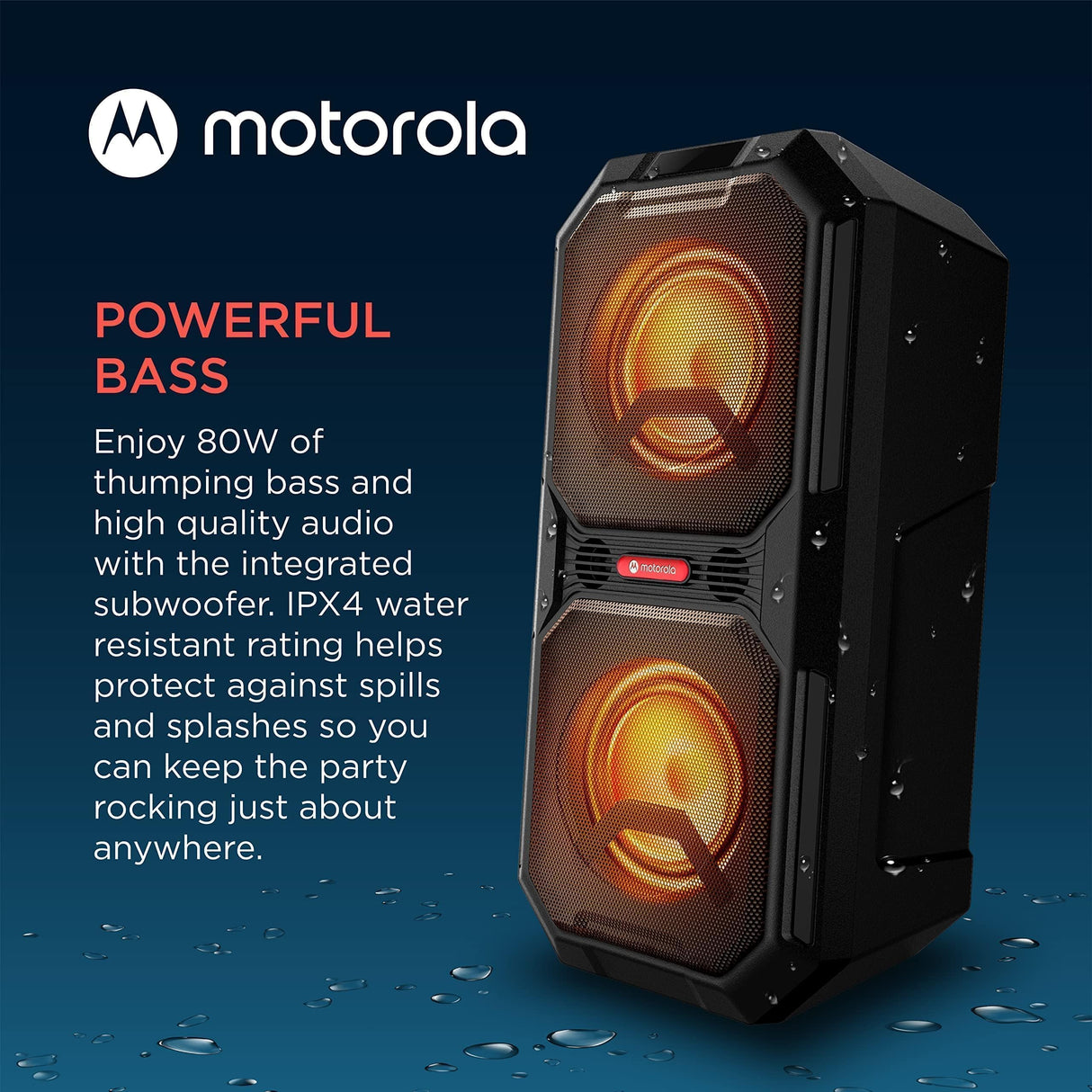 Motorola Sound ROKR820 - Altavoz Bluetooth - 80W - inalámbrico - con luces LED-tecnología true wireless - incluye micrófono de karaoke - hasta 20 horas de reproducción-múltiples entradas: AUX/USB/MIC