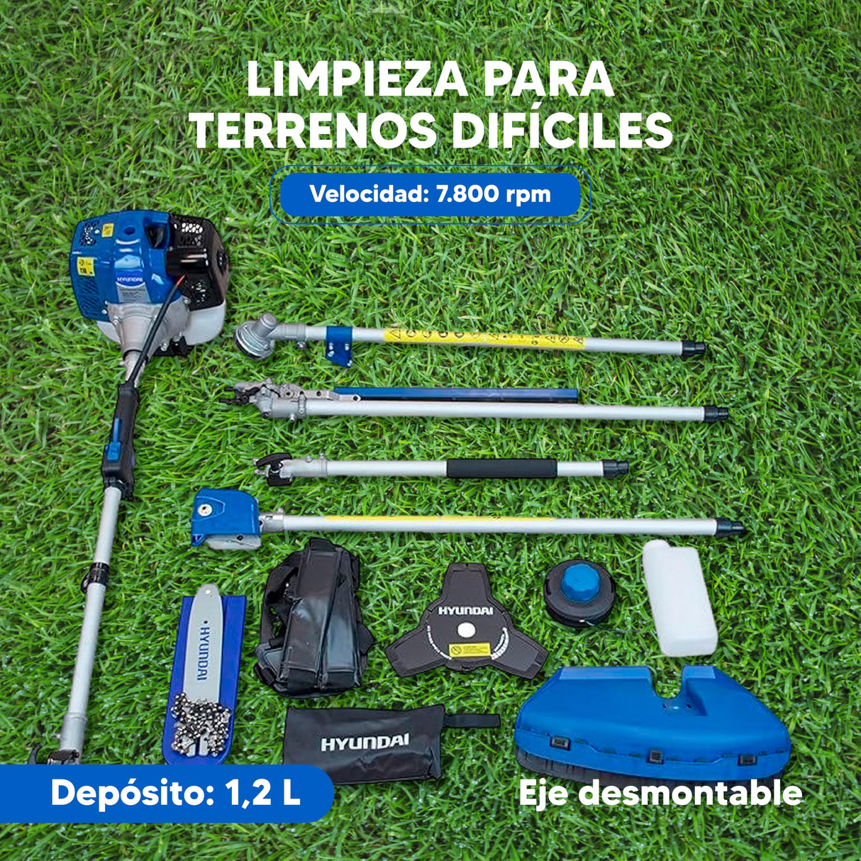 Hyundai Desbrozadora Multifunción 4 en 1 para Jardinería Completa - Herramienta de Corte con Eje Desmontable para Versatilidad - Cortacésped a Gasolina 42,7 CC para Alta Eficiencia de Trabajo