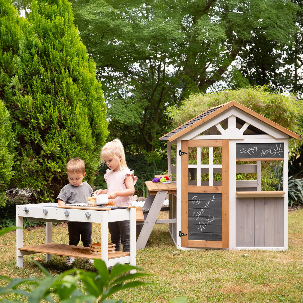 roba Ampliación de Cocina para casa de Juegos – Cocina Infantil al Aire Libre Blanco y marrón con Barbacoa y Placas de cocción – Accesorios para casa de Juegos de jardín a Partir de 18 Meses – con