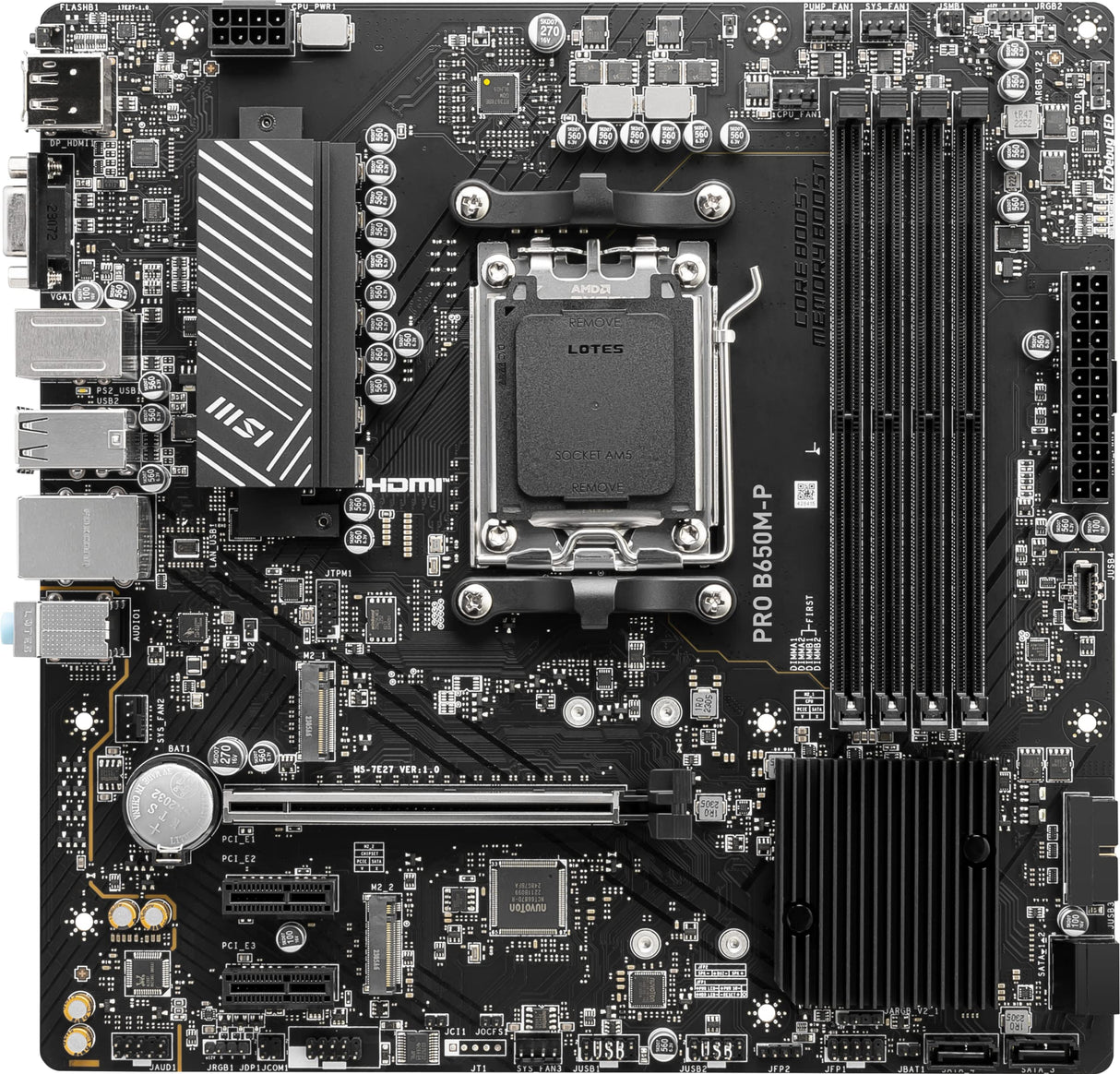 MSI Pro B650M-P Placa Base, ATX, Soporta Procesadores AMD Ryzen Serie 7000, AM5, Memoria DDR5 Boost 6400+MHz/OC, 2 x PCIe 4.0 x16, 2 x M.2 Gen4, 2.5G LAN