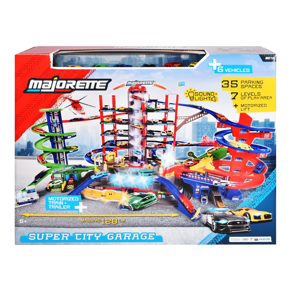 Majorette - Garaje Super City 7 Plantas, Incluye 6 Coches y Tren Motorizado con Luz y Sonido, para Niños a Partir de 5 Años - 128 x 78 x 73 cm