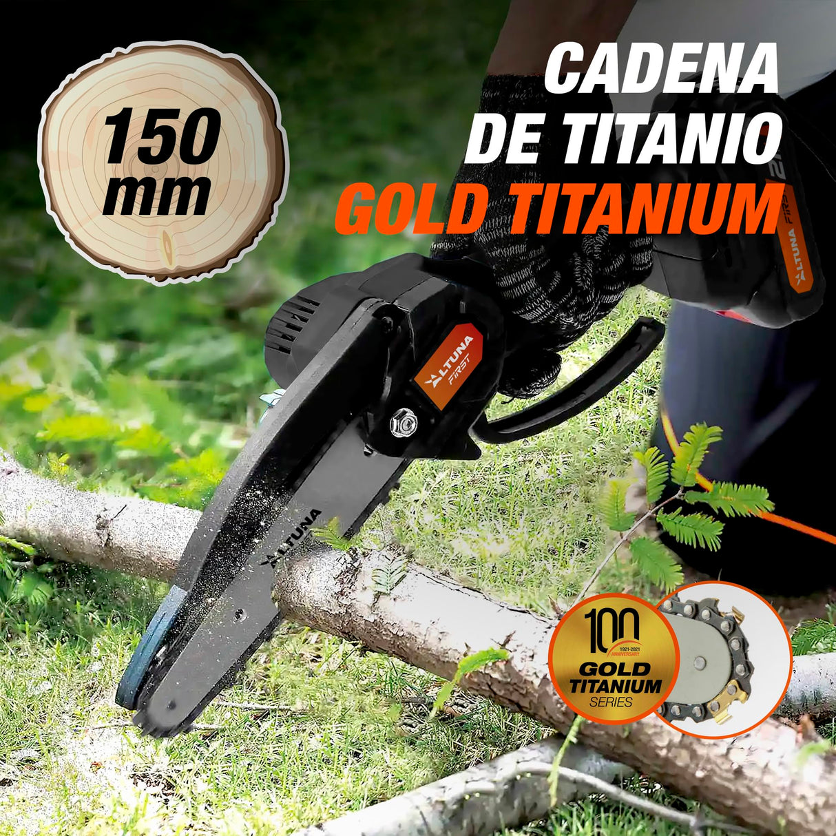 Altuna Kit de Poda a Batería de Titanio - Motosierra a Batería + Tijeras de Podar Eléctricas + Pértiga Telescópica - Incluye 2 Baterías - Pértiga de 1,63m para Poda en Altura - Con Cargador y Gafas