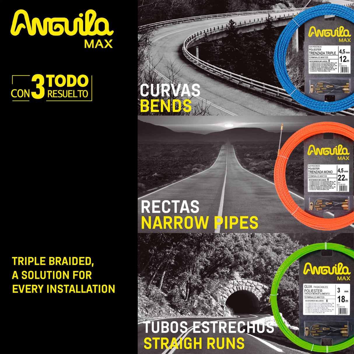 TITLE: Anguila Max | Guía Pasacables | Especial Rectas | Terminales Mixtos | Poliéster Trenzado | Color Naranja | Diámetro 4,5mm | 22 metros