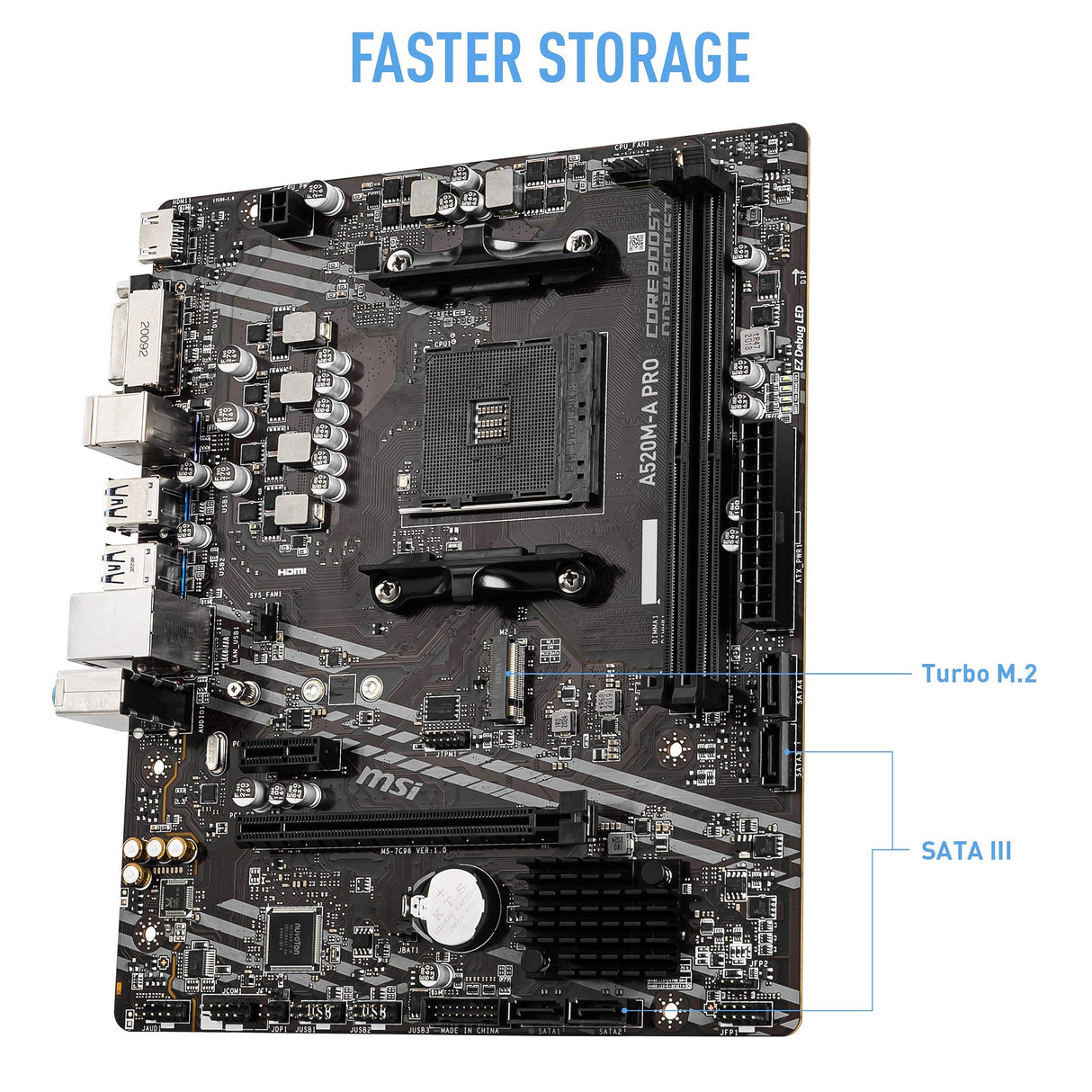 MSI Placa Base para Juegos A520M-A Pro (AMD Ryzen 5000, AM4, DDR4, PCIe 3.0, SATA 6Gb/s, M.2, USB 3.2 Gen 1, DVI/HDMI, Micro-ATX)