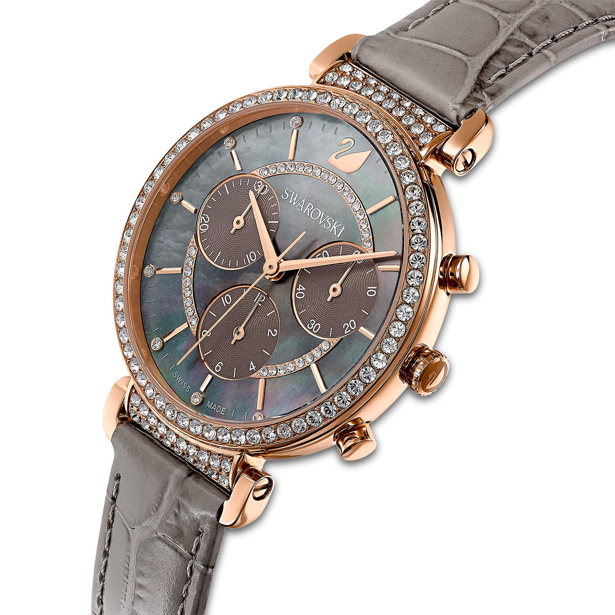 Swarovski Reloj Passage Chrono, Correa de Piel, Gris, Pvd Tono Oro Rosa