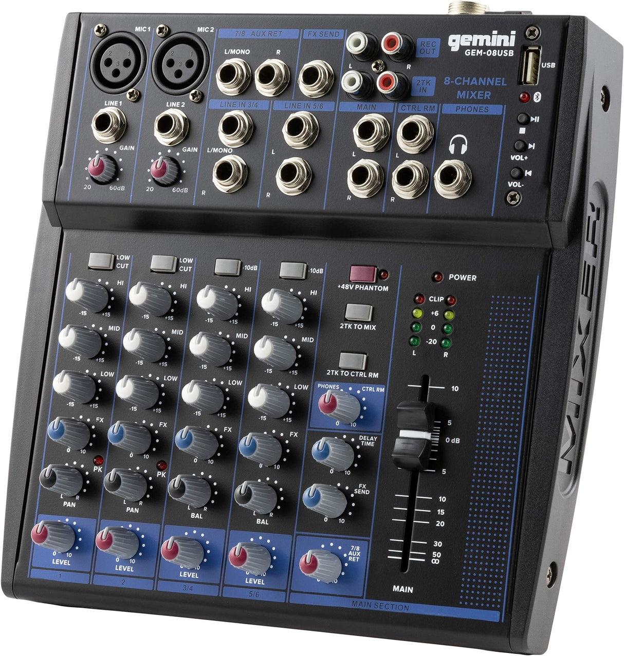 Gemini Sound GEM-08USB Mezclador analógico de 8 canales compacto que incluye 2 canales de micrófono, EQ de 3 bandas, reproducción USB de dispositivos USB y transmisión de Bluetooth