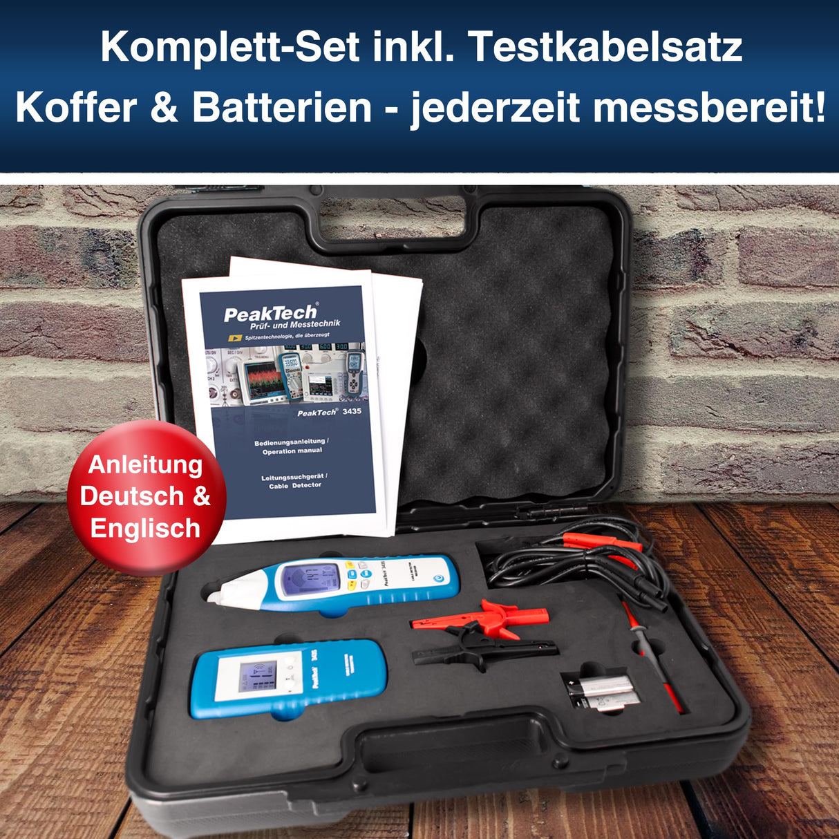 PeakTech 3435 - Localizador de Línea con Transmisor, Receptor para Cortocircuitos, Fusibles, Tuberías Metálicas, Voltímetros, Buscadores de Línea en Paredes, Techos, Pisos, Recepción de Hasta 2 Metros