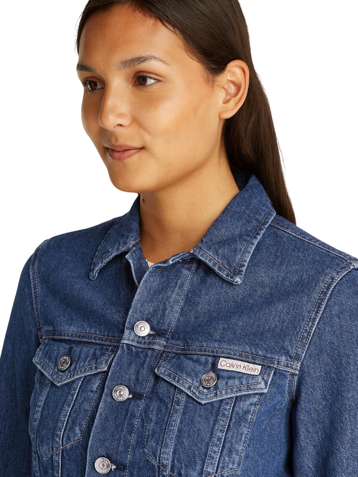 Calvin Klein Cazadora vaquera Mujer Cropped 90'S Denim Trucker con bolsillos en el pecho, Azul (Denim Medium), S