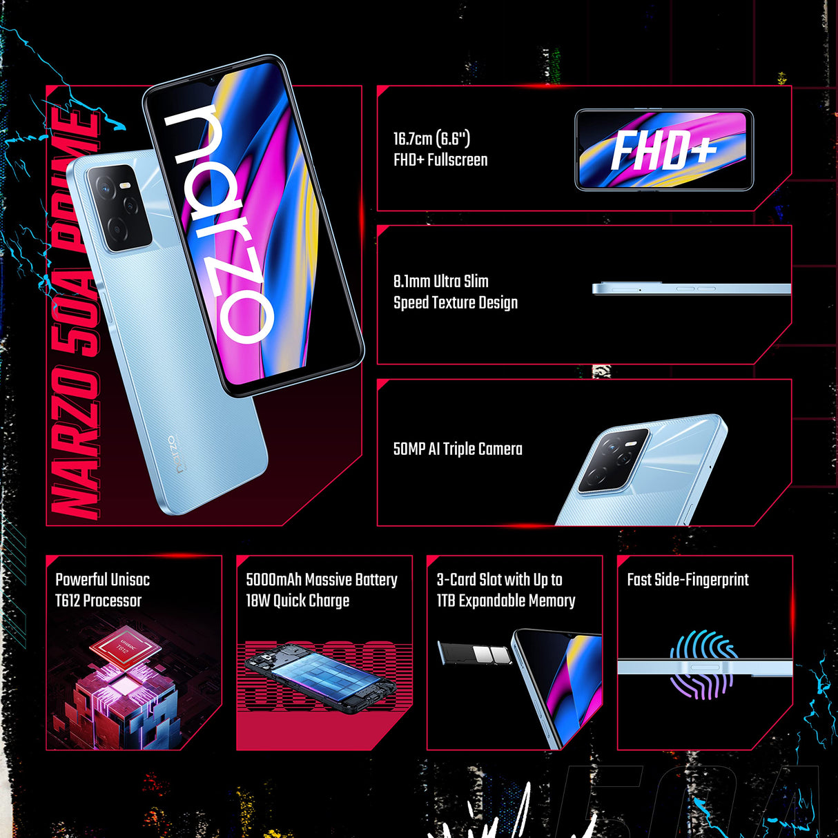 realme Narzo 50A Prime - 4+64GB smartphone, Pantalla completa FHD+ de 16,7 cm (6,6''), Triple cámara de IA de 50 MP, Batería de 5000 mAh, Procesador Unisoc T612, Flash Blue, no incluye un adaptador