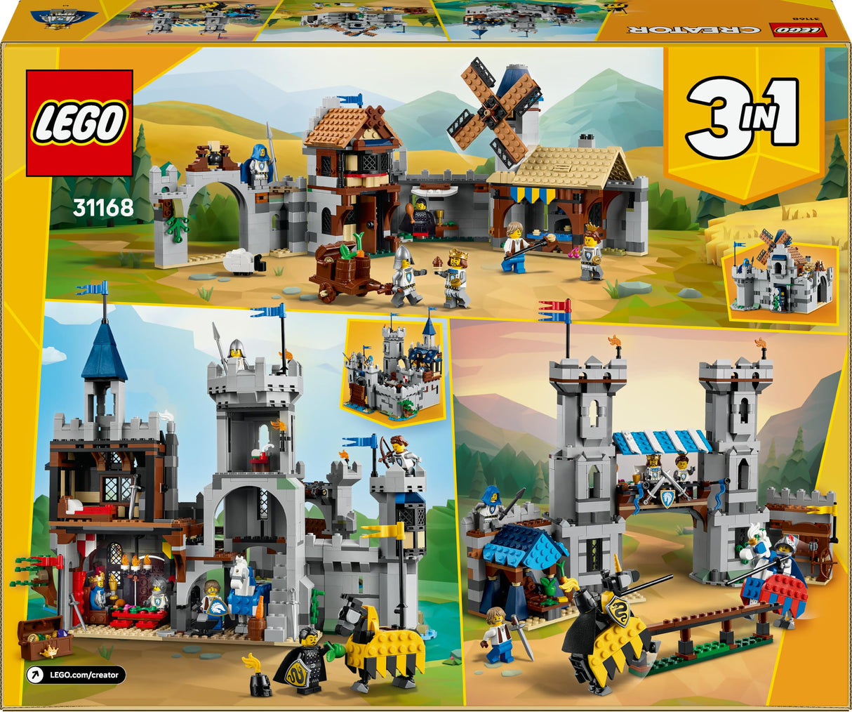 LEGO Creator 3 en 1 Castillo Medieval de los Caballeros del Corcel de Juguete - Transformable en Torneo de Justas o Aldea - 6 Minifiguras y Caballos - Regalo para Niños y Niñas de 9+ Años - 31168