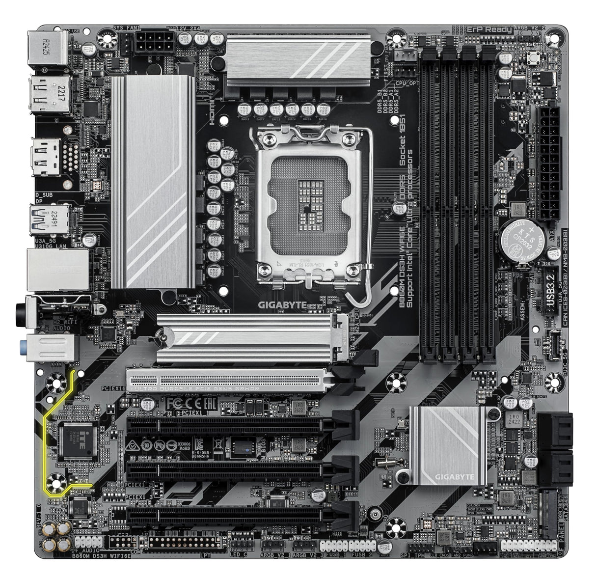 GIGABYTE B860M DS3H WIFI6E Placa Base - CPUs Intel Core Ultra, VRM de 5+1+2+1 Fases, hasta 9066MHz DDR5, 1xPCIe 5.0 + 1xPCIe 4.0 M.2, LAN 2,5 GbE, WiFi 6E, USB 3.2 Gen 2