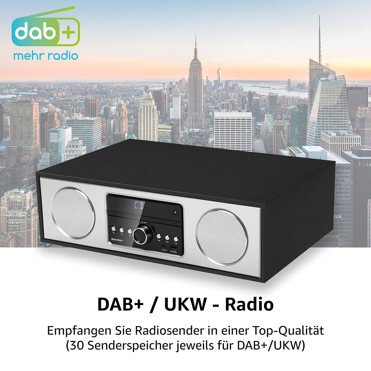 Karcher Dab 4500CD - Radio Digital estéreo (Sistema Compacto con Reproductor de CD, Bluetooth, Radio FM/Dab+, Sistema de música, USB, Despertador, Altavoz de 30 W, Mando a Distancia, Elegante Carcasa