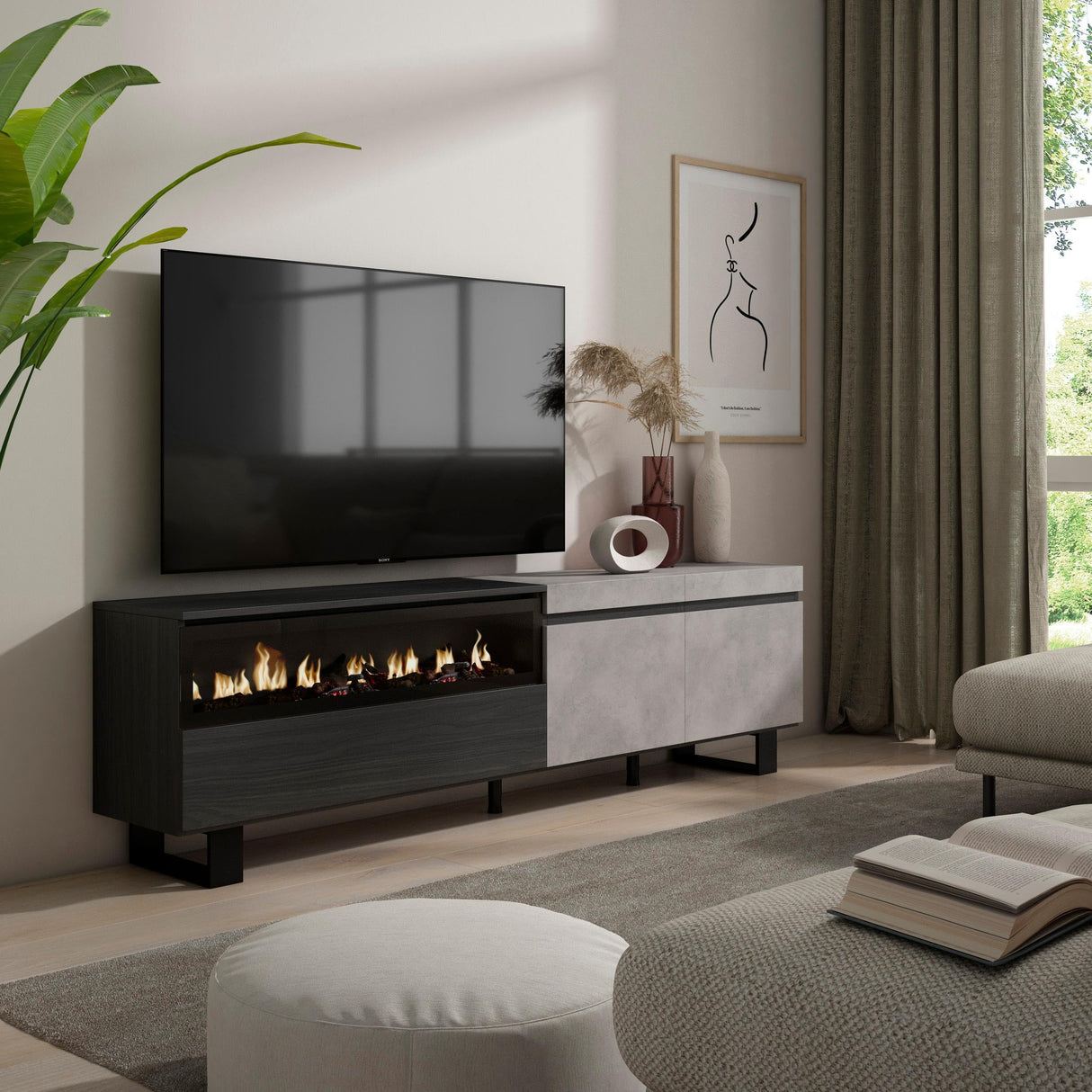 Skraut Home | Mueble TV | Televisión | Muebles de salón, almacenaje | 200x57x35cm | para TV hasta 80" | Chimenea eléctrica | Diseño Industrial | Estilo Moderno | Cemento