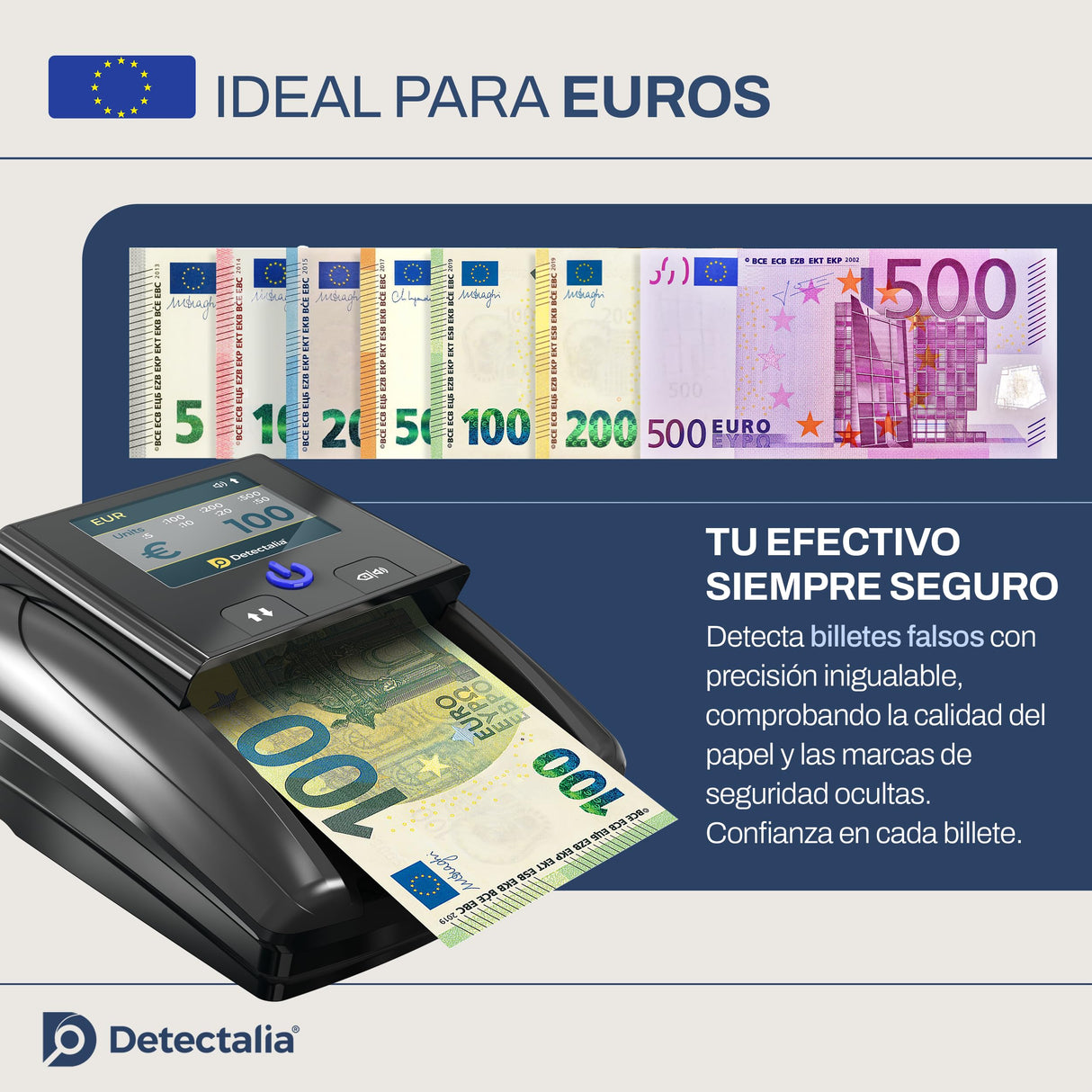 Detectalia D7T+ Detector de Billetes Falsos con 100% detección para 3 divisas EUR, GBP, USD con 5 Sistemas de deteccion y Pantalla TFT