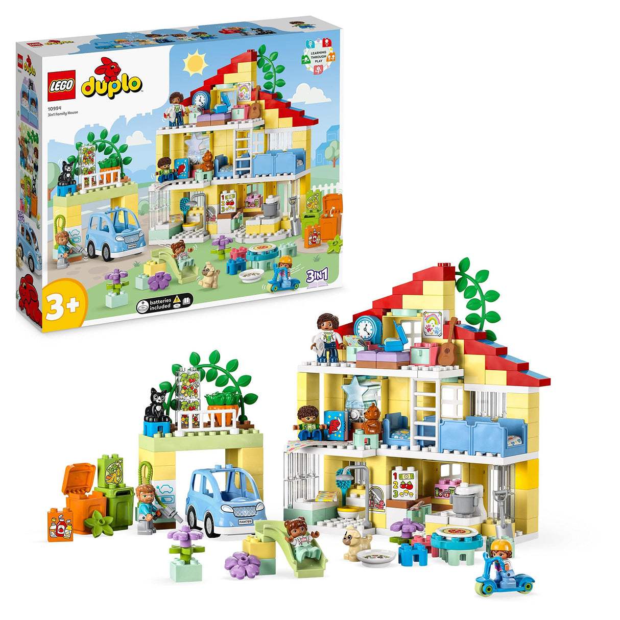 LEGO Duplo Casa Familiar 3en1, Juego Educativo Casa de Muñecas, Juguete para Niñas y Niños de 3 Años o Más, Coche de Juguete, 3 Maneras de Construir, 5 Figuras, 2 Animales, Regalos Niños 10994