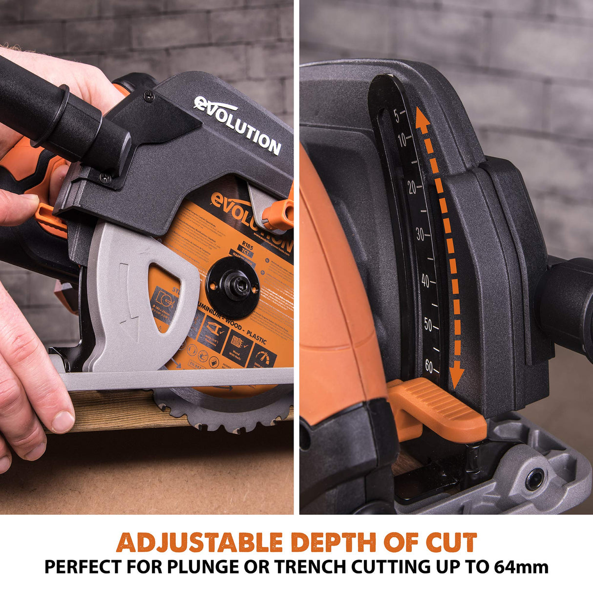 Evolution Power Tools - Sierra circular multimaterial R185CCSX+ con guía compatible (paquete plus con bolsa de transporte), 185 mm, 230 V