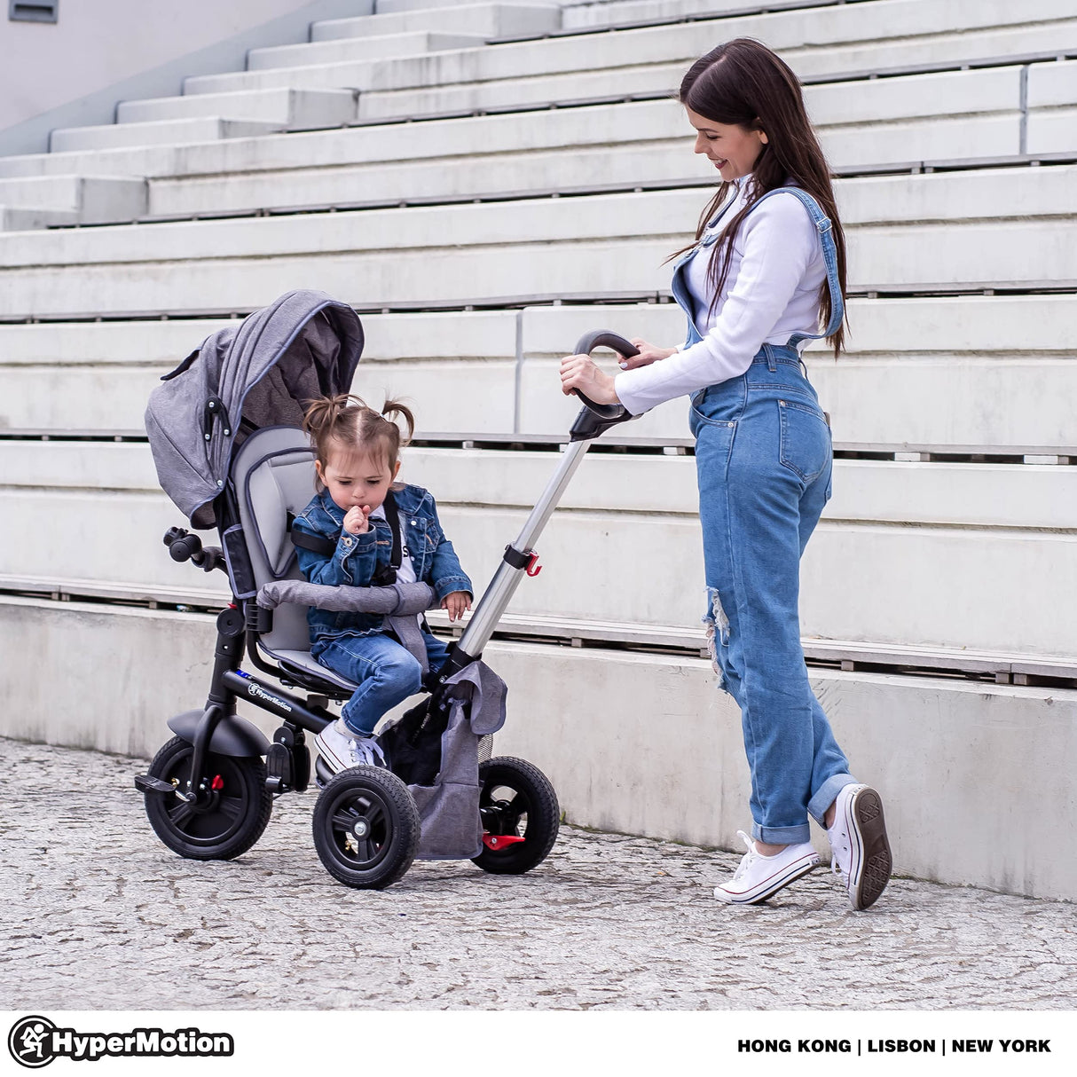 HyperMotion Triciclo Infantil 3 en 1 - Coche para Bebé con Asiento Giratorio y Cubierta de Lluvia - Triciclo Evolutivo 12 Meses a 5 Años, Plegable, Ruedas Bombeadas, 25kg, Gris